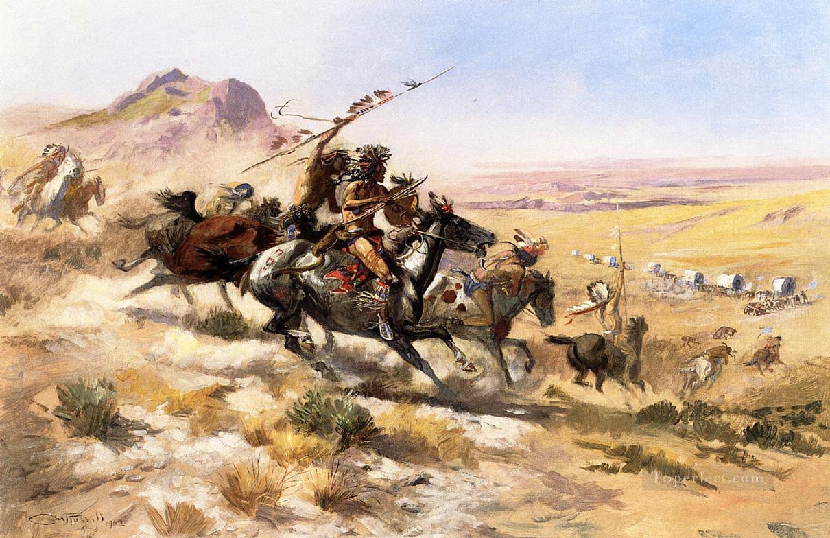 attack on a wagon train 1902 Charles Marion Russell American Indians Oil Paintings